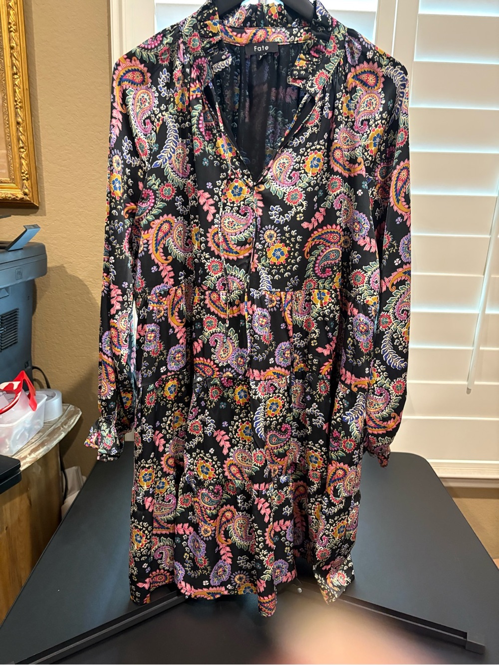 Fate Black Paisley Floral Tiered Long Sleeve Dress with Pink & Purple Accents